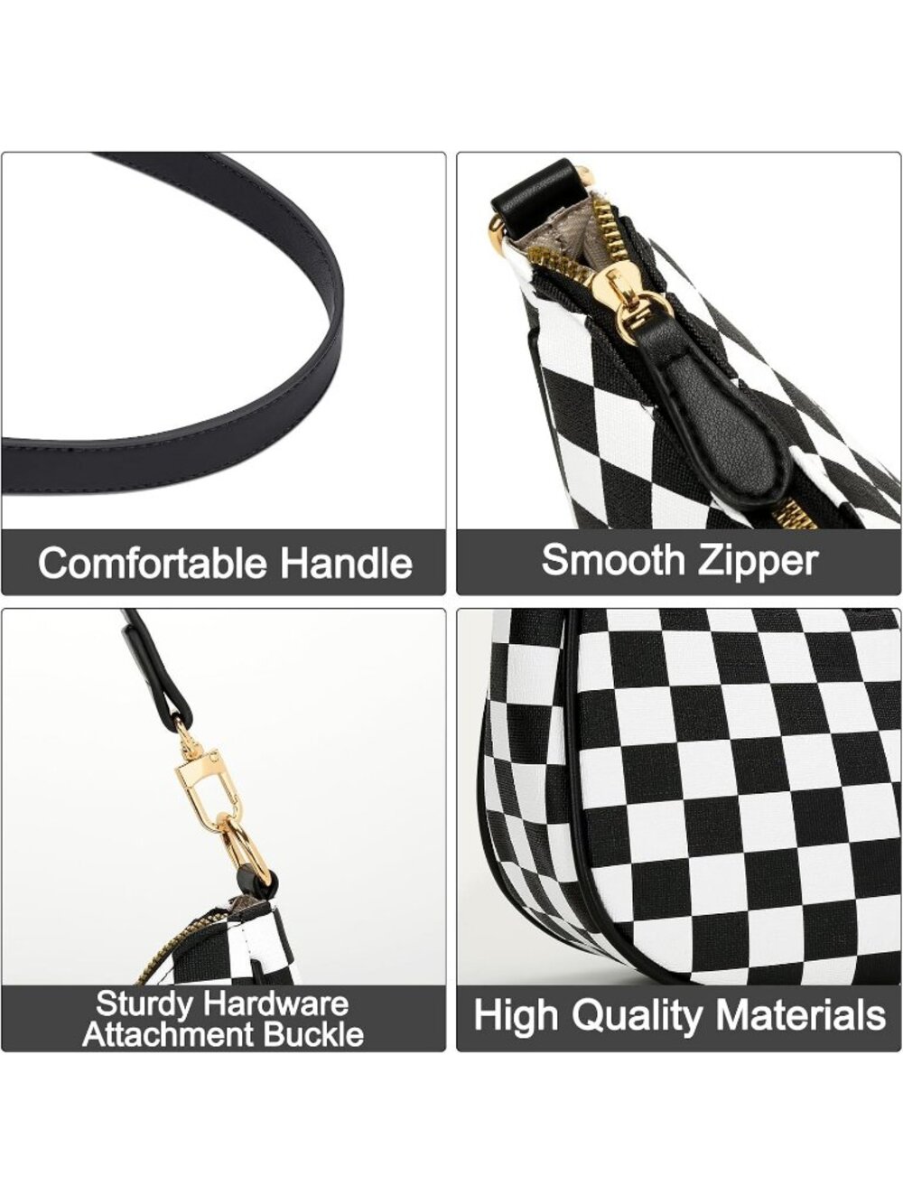 Women's Black&white Cute HandBags Retro Hobo Shoulder Clutch Underarm Purse - Picture 6 of 6